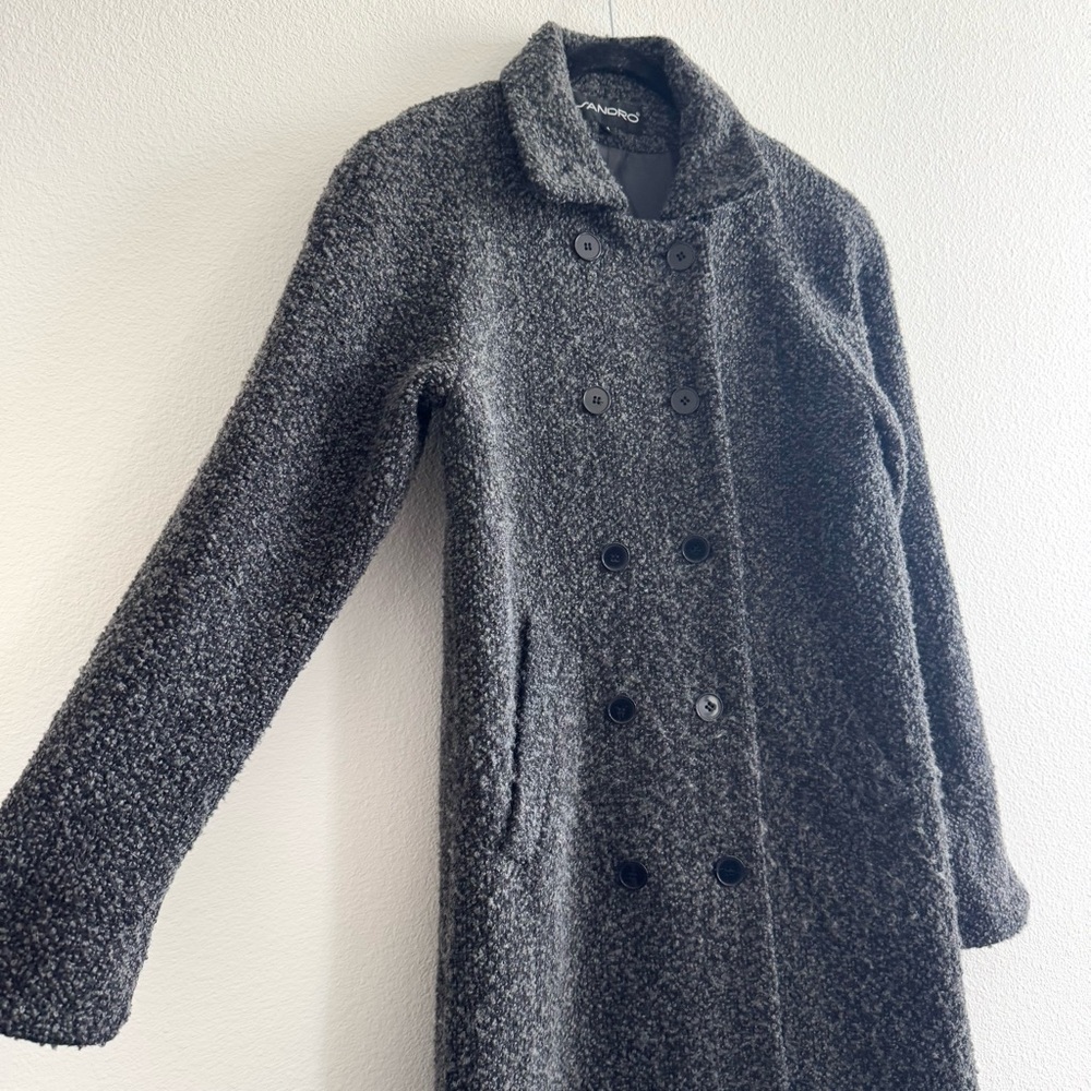 Vintage Sandro Grey Wool Blend Boucle Double Breasted Pea Coat Minimal Fall View 4